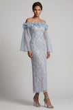 Dusty Blue Sheath Off the Shoulder Ruffled Midi Floral Mother of the Bride Dress