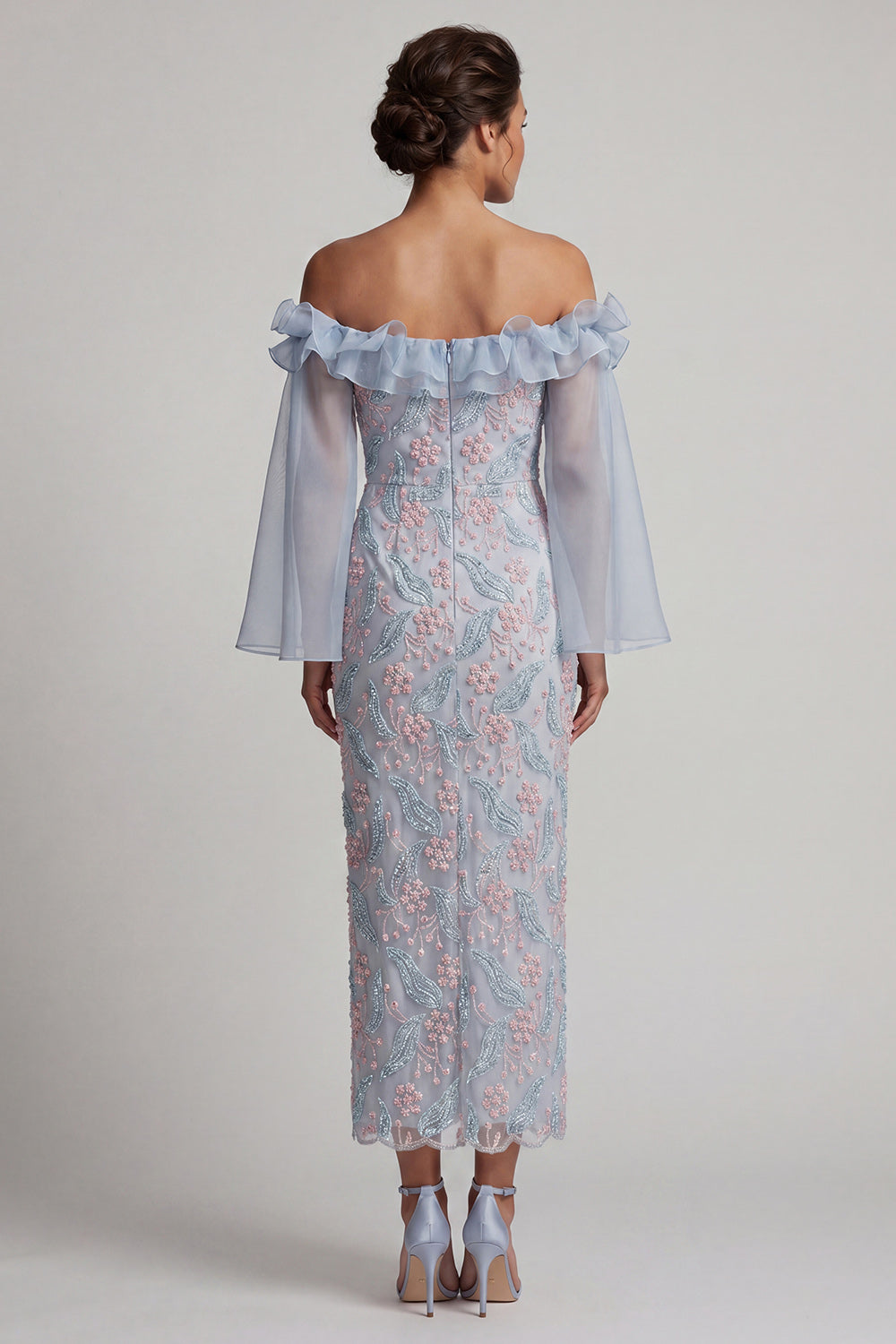 Dusty Blue Sheath Off the Shoulder Ruffled Midi Floral Mother of the Bride Dress