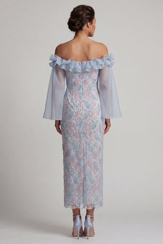 Dusty Blue Sheath Off the Shoulder Ruffled Midi Floral Mother of the Bride Dress