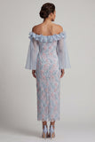 Dusty Blue Sheath Off the Shoulder Ruffled Midi Floral Mother of the Bride Dress