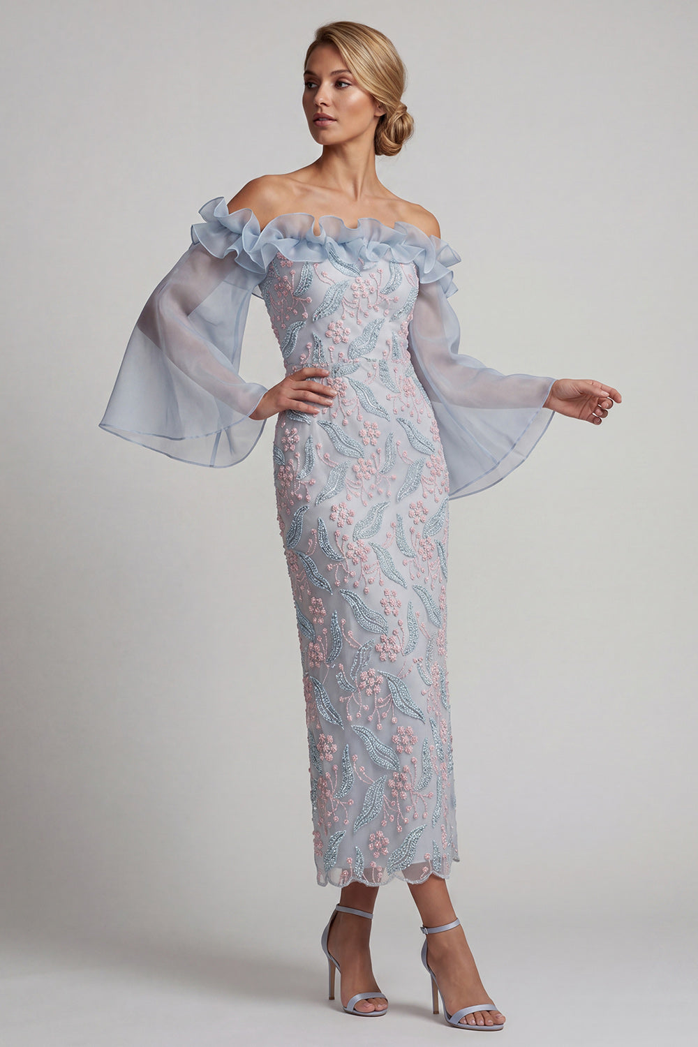 Dusty Blue Sheath Off the Shoulder Ruffled Midi Floral Mother of the Bride Dress
