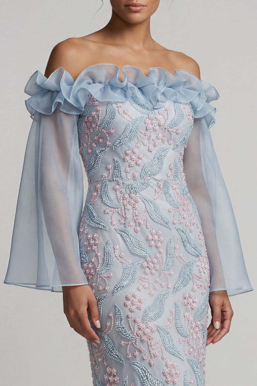 Dusty Blue Sheath Off the Shoulder Ruffled Midi Floral Mother of the Bride Dress