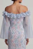 Dusty Blue Sheath Off the Shoulder Ruffled Midi Floral Mother of the Bride Dress