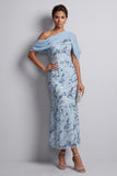 Sky Blue Sheath One Shoulder Floral Sequins Midi Mother of the Bride Dress