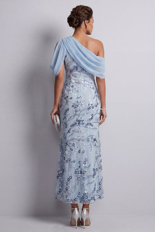 Sky Blue Sheath One Shoulder Floral Sequins Midi Mother of the Bride Dress