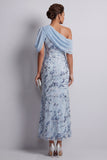 Sky Blue Sheath One Shoulder Floral Sequins Midi Mother of the Bride Dress