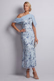 Sky Blue Sheath One Shoulder Floral Sequins Midi Mother of the Bride Dress