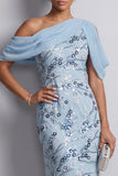 Sky Blue Sheath One Shoulder Floral Sequins Midi Mother of the Bride Dress