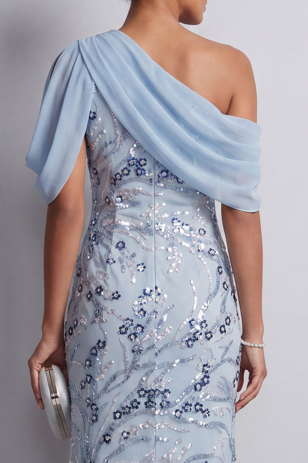 Sky Blue Sheath One Shoulder Floral Sequins Midi Mother of the Bride Dress