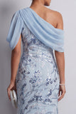 Sky Blue Sheath One Shoulder Floral Sequins Midi Mother of the Bride Dress