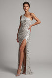 Sparkly Silver One Shoulder Ruched Long Mother of the Bride Dress with Slit