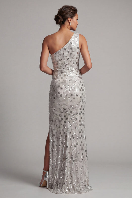 Sparkly Silver One Shoulder Ruched Long Mother of the Bride Dress with Slit