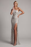 Sparkly Silver One Shoulder Ruched Long Mother of the Bride Dress with Slit