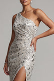 Sparkly Silver One Shoulder Ruched Long Mother of the Bride Dress with Slit