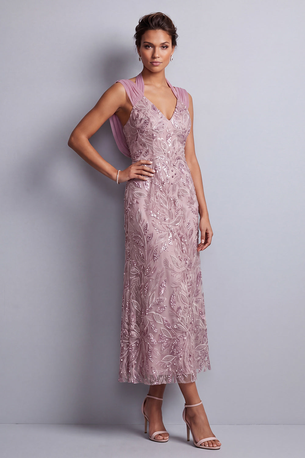 Sparkly Vintage Mauve Sheath Halter Beaded Midi Floral Mother of the Bride Dress