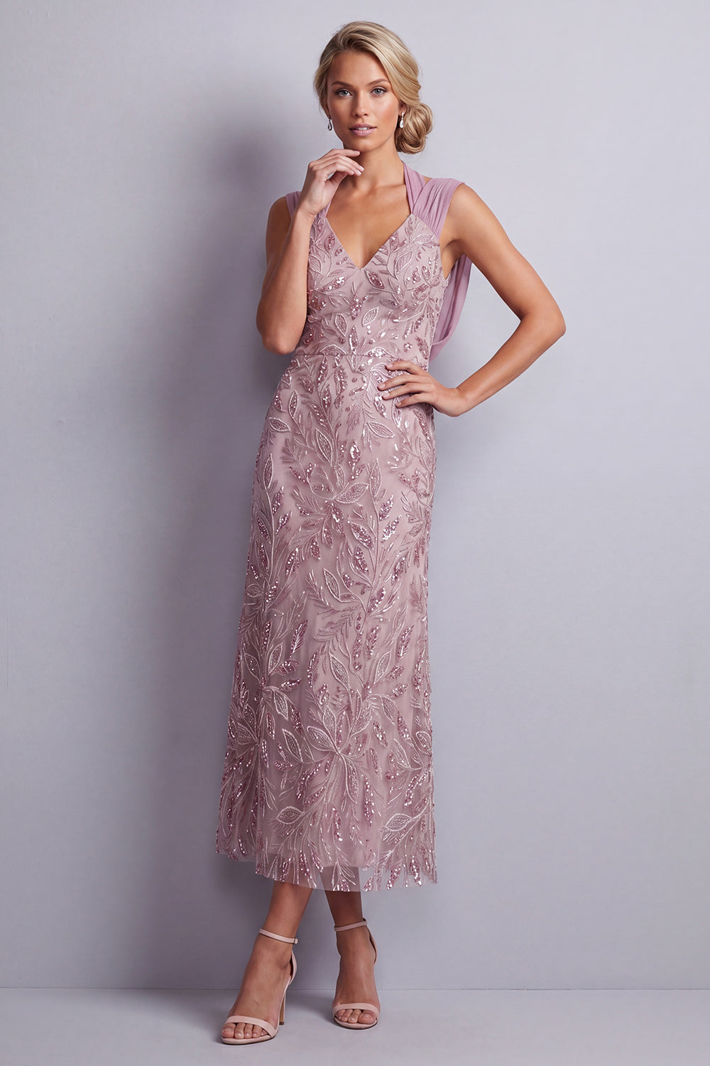 Sparkly Vintage Mauve Sheath Halter Beaded Midi Floral Mother of the Bride Dress
