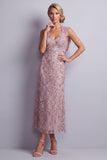 Sparkly Vintage Mauve Sheath Halter Beaded Midi Floral Mother of the Bride Dress