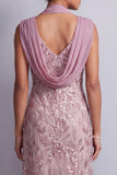 Sparkly Vintage Mauve Sheath Halter Beaded Midi Floral Mother of the Bride Dress