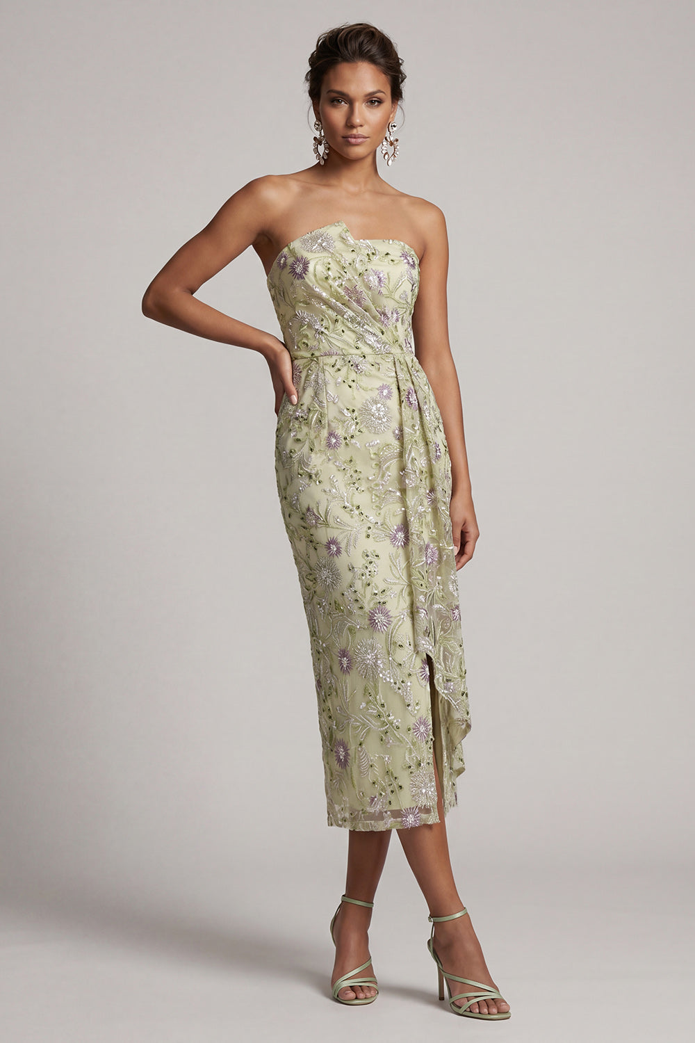 Dusty Sage Strapless Floral Ruched Midi Mother of the Bride Dress