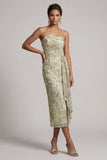 Dusty Sage Strapless Floral Ruched Midi Mother of the Bride Dress