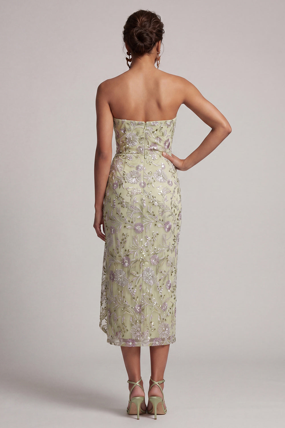 Dusty Sage Strapless Floral Ruched Midi Mother of the Bride Dress