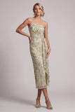 Dusty Sage Strapless Floral Ruched Midi Mother of the Bride Dress