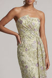 Dusty Sage Strapless Floral Ruched Midi Mother of the Bride Dress
