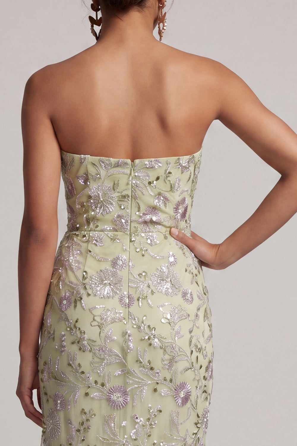 Dusty Sage Strapless Floral Ruched Midi Mother of the Bride Dress
