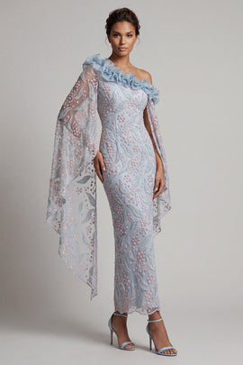 Dusty Blue Sheath One Shoulder Floral Long Mother of the Bride Dress