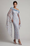 Dusty Blue Sheath One Shoulder Floral Long Mother of the Bride Dress