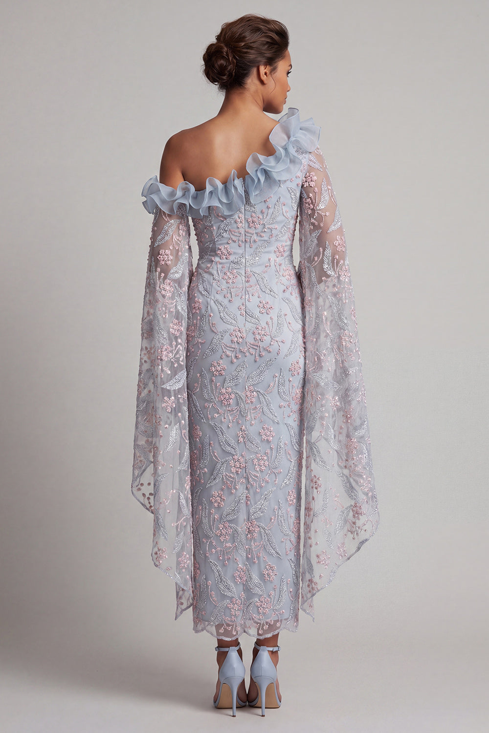 Dusty Blue Sheath One Shoulder Floral Long Mother of the Bride Dress