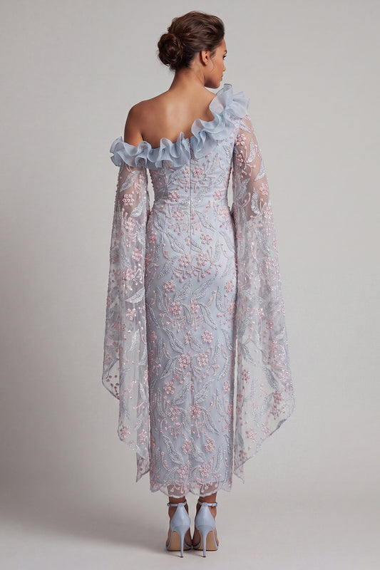 Dusty Blue Sheath One Shoulder Floral Long Mother of the Bride Dress