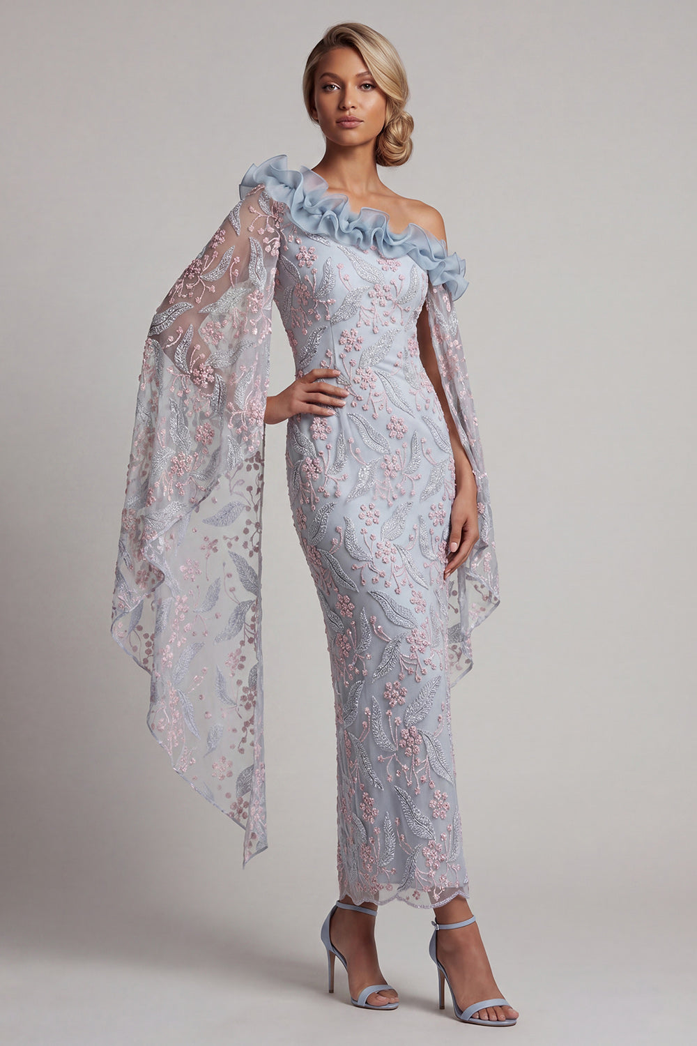 Dusty Blue Sheath One Shoulder Floral Long Mother of the Bride Dress