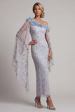 Dusty Blue Sheath One Shoulder Floral Long Mother of the Bride Dress