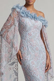 Dusty Blue Sheath One Shoulder Floral Long Mother of the Bride Dress