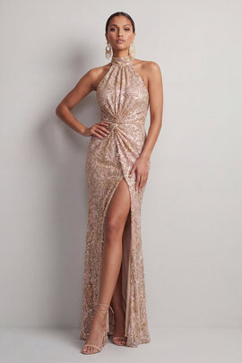 Sparkly Champagne Sequin High Neck Ruched Long Mother of the Bride Dress with Slit
