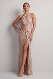 Sparkly Champagne Sequin High Neck Ruched Long Mother of the Bride Dress with Slit