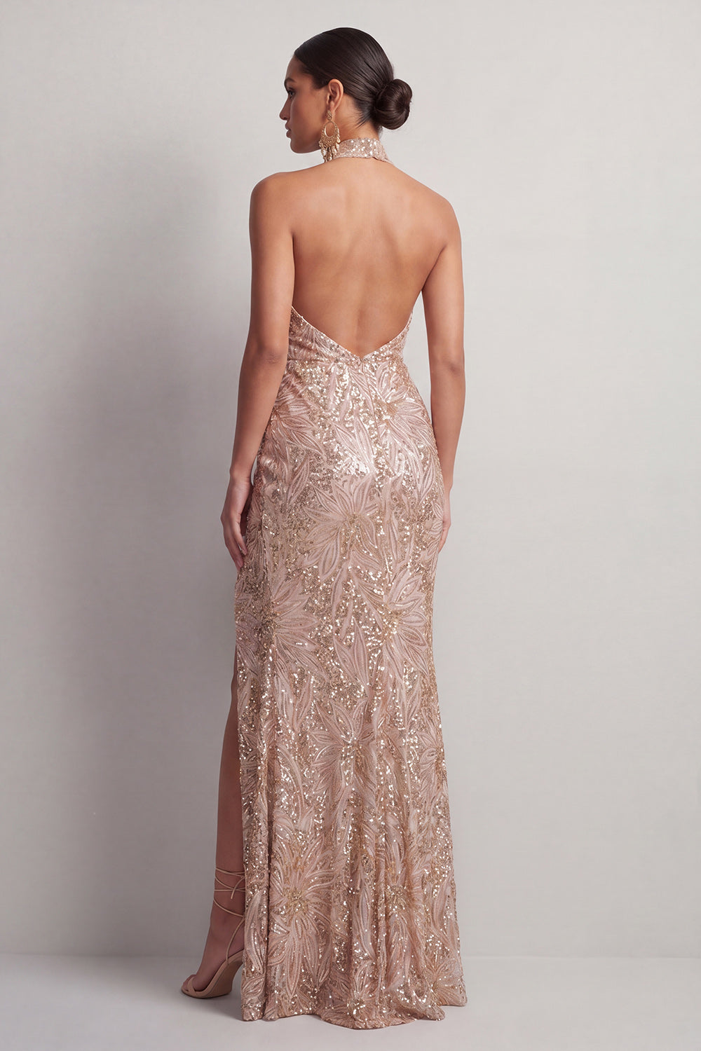Sparkly Champagne Sequin High Neck Ruched Long Mother of the Bride Dress with Slit
