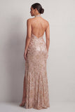 Sparkly Champagne Sequin High Neck Ruched Long Mother of the Bride Dress with Slit
