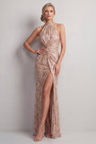 Sparkly Champagne Sequin High Neck Ruched Long Mother of the Bride Dress with Slit
