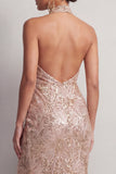 Sparkly Champagne Sequin High Neck Ruched Long Mother of the Bride Dress with Slit