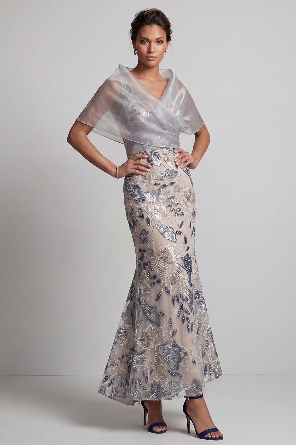 Silver Mermaid V-Neck Floral Long Mother of the Bride Dress