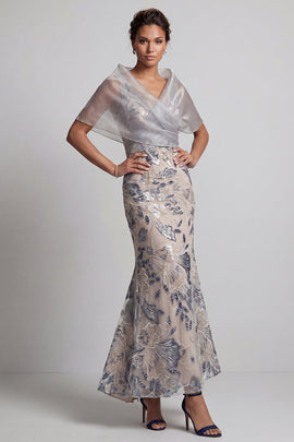 Silver Mermaid V-Neck Floral Long Mother of the Bride Dress