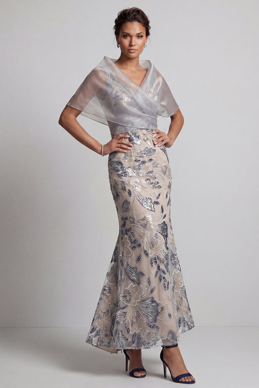 Silver Mermaid V-Neck Floral Long Mother of the Bride Dress