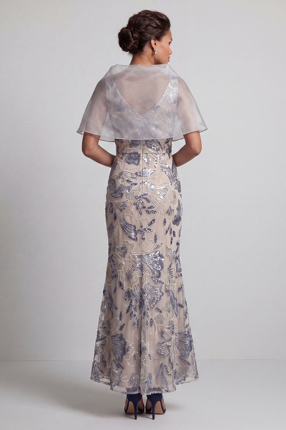 Silver Mermaid V-Neck Floral Long Mother of the Bride Dress