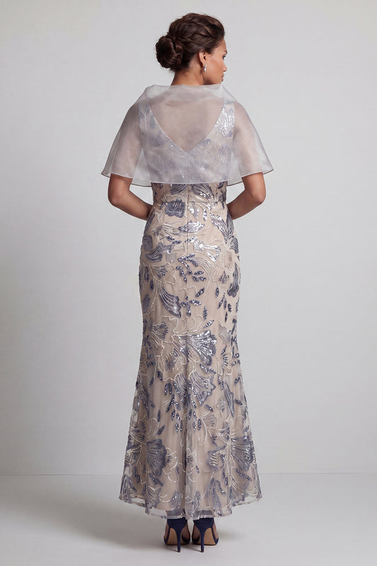 Silver Mermaid V-Neck Floral Long Mother of the Bride Dress
