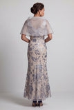 Silver Mermaid V-Neck Floral Long Mother of the Bride Dress