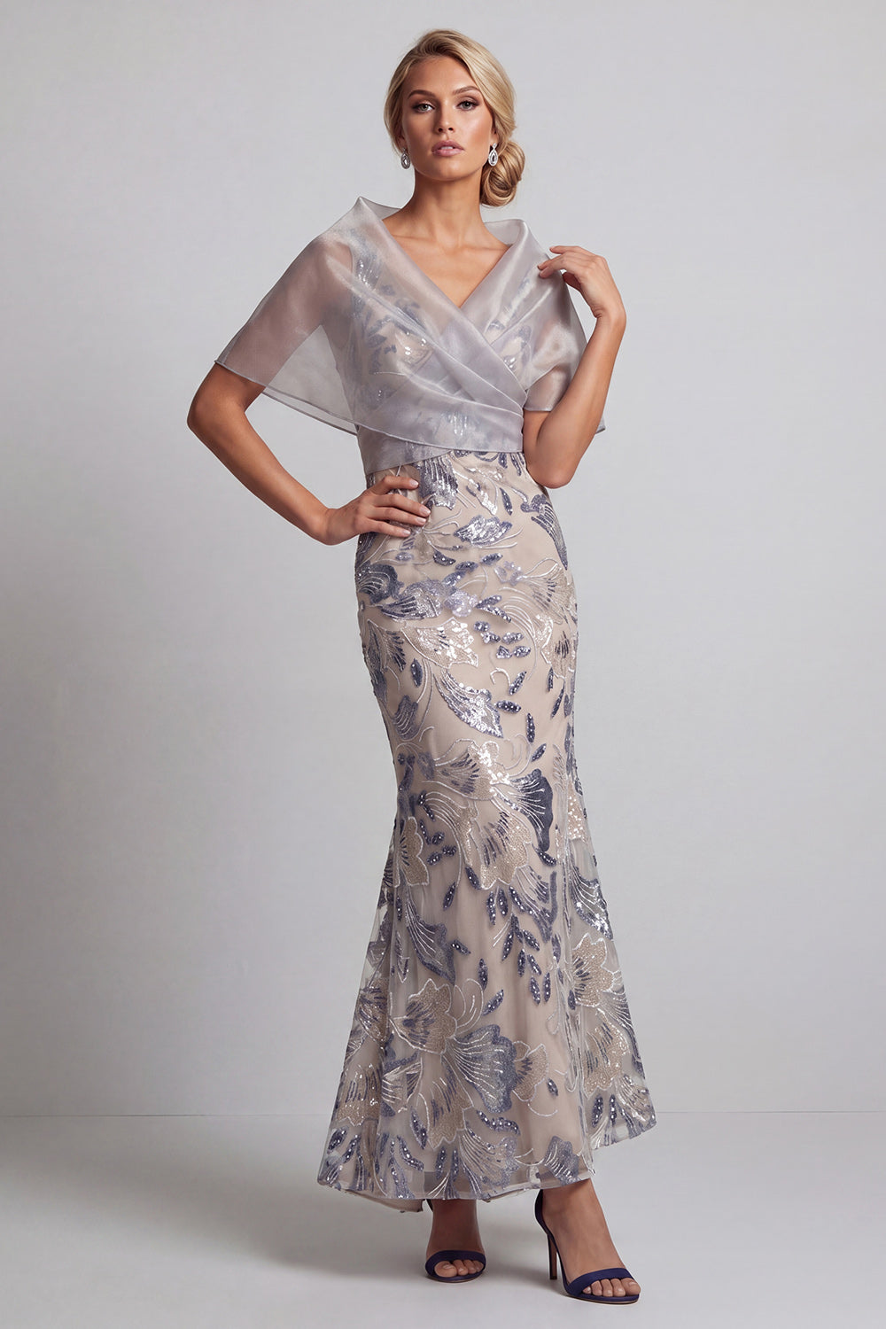 Silver Mermaid V-Neck Floral Long Mother of the Bride Dress