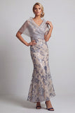 Silver Mermaid V-Neck Floral Long Mother of the Bride Dress