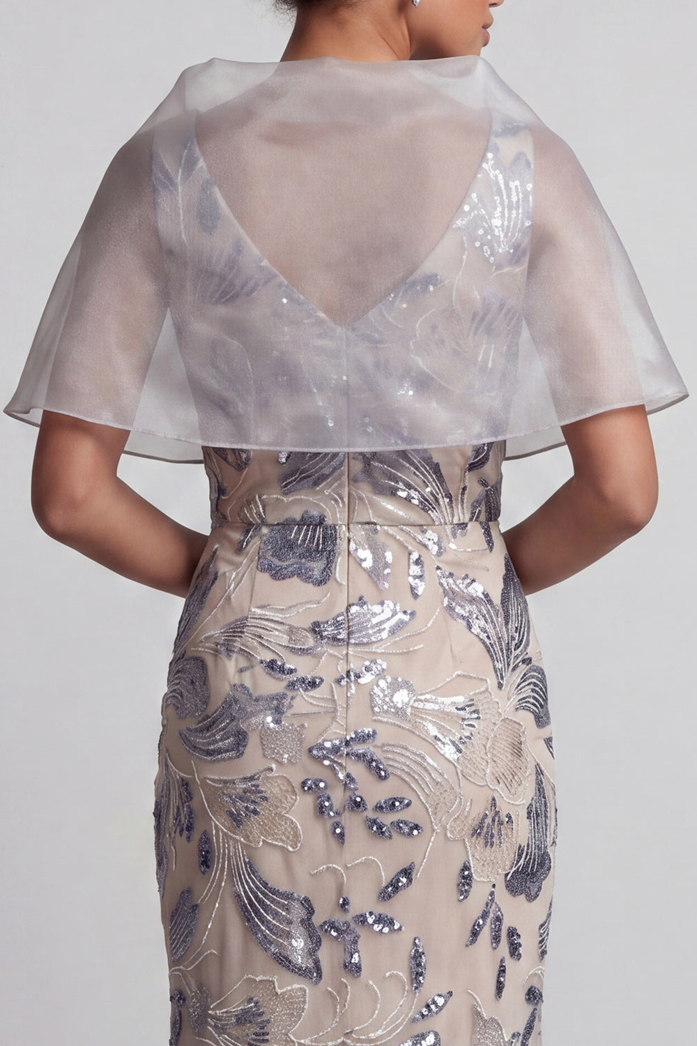 Silver Mermaid V-Neck Floral Long Mother of the Bride Dress